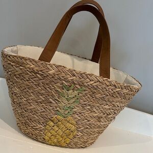 crown & ivy Woven Straw Tote with Pineapple Embroidery and Brown Handles